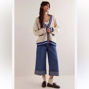 Free People We The Free Varsity Cardi Oversized Ecru/Blue Size Medium NWT
